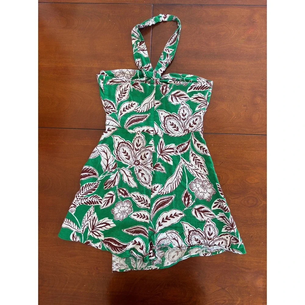 Zara Tropical Green Floral Halter Cutout Romper Mini Skort Jumpsuit Linen Blend